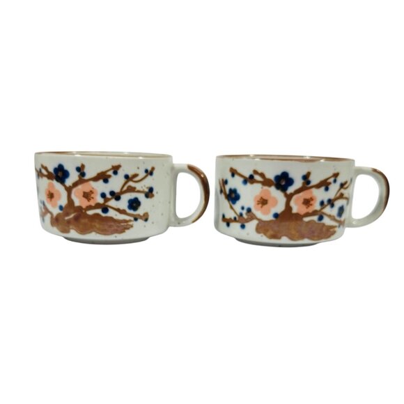 Vintage Korean Ceramic Stoneware Soup Mugs Floral Design Hand-Painted Brown & Wh - Picture 1 of 15